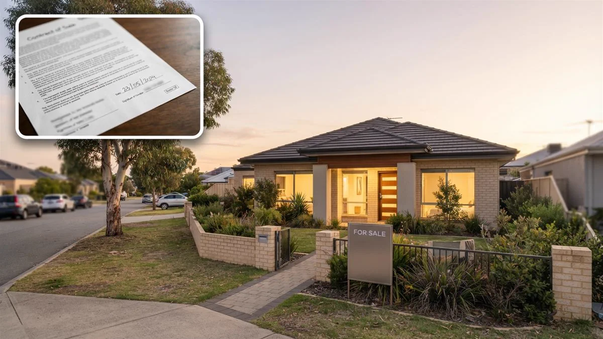A suburban Australian house with a for sale sign at the front gate, late afternoon